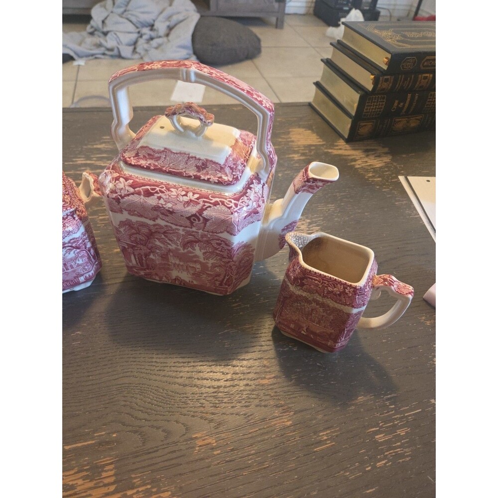 Mason's Vista Pink Ironstone Tea Set Teapot Sugar Creamer Pitcher England